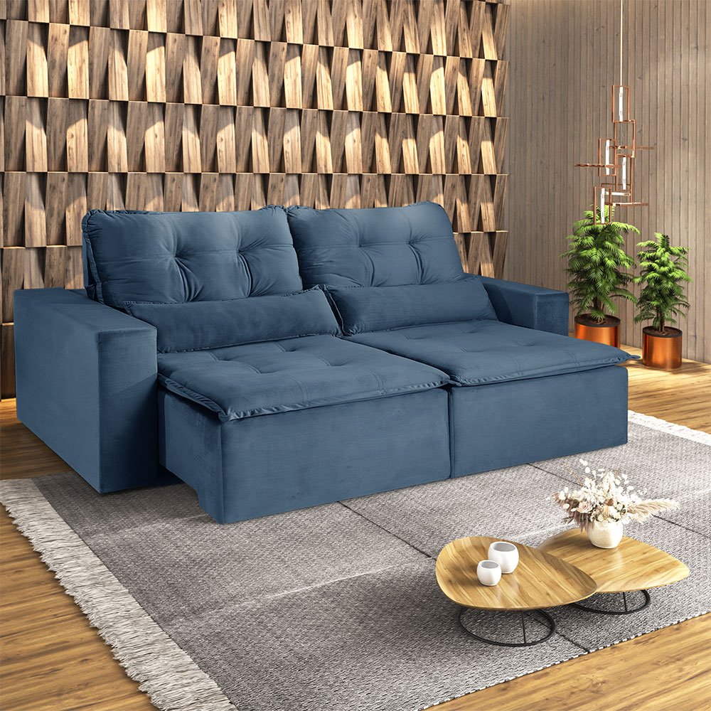 Sofá Retrátil e Reclinável 03 Lugares 200 cm Ímola Azul Veludo AIFOS