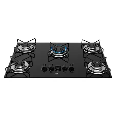 Cooktop 5 Bocas a Gás Fischer Fit Line Mesa de Vidro Trempe Esmaltada Aramado Preto Bivolt