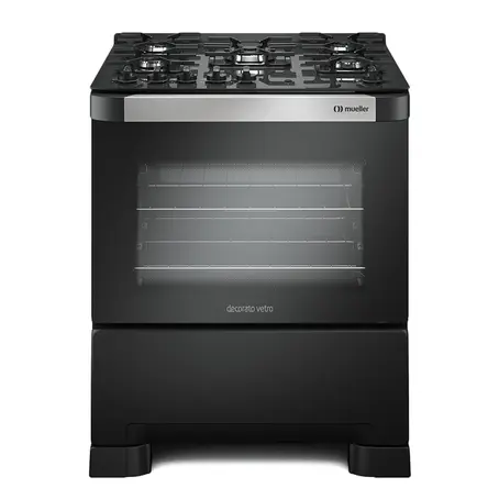 Fogão 5 Bocas à Gás Mueller Decorato Vetro G3 Acendimento Automático Mesa em Vidro Preto Bivolt