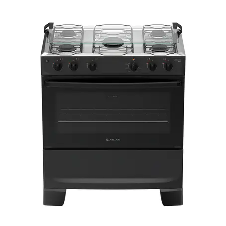 Fogão 5 Bocas à Gás Atlas Mônaco Plus Acendimento Automático e Mesa de Inox Preto Bivolt