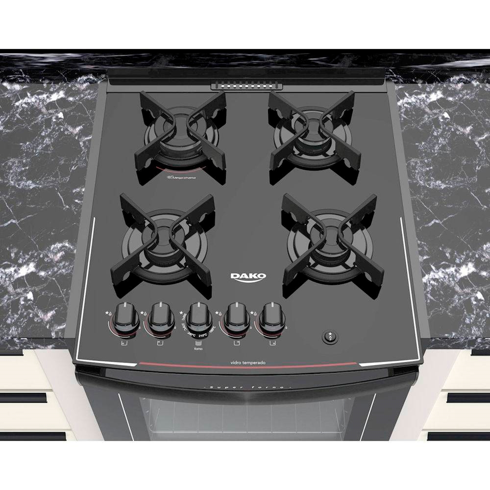 Fogão de Embutir 4 Bocas à Gás Dako Glass com Mesa de Vidro Preto